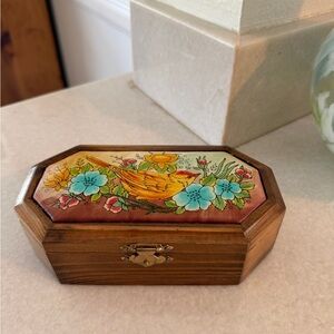 Vintage 1970s Wooden Jewelry Box with Bird and Floral Design